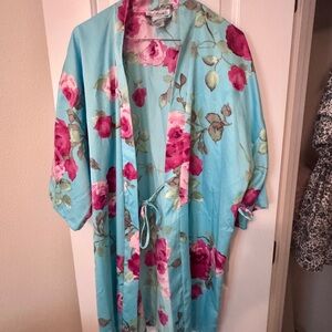 ✨5 for $25 Bright Floral Satin Kimono Robe - Aqua with Pink Roses